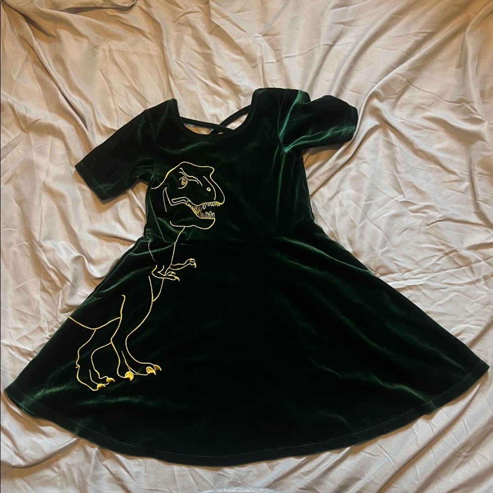 Princess Awesome Green Velvet Dress with T-Rex Dinosaur! Rawr!